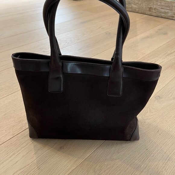 Vintage Classic Gucci Tote Chocolate Brown Suede Striped Web Accent - Picture 4 of 7